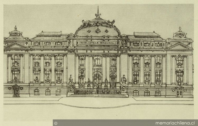 Bosquejo de proyecto de fachada de la Biblioteca Nacional. Año 1913 (Copyright: Patrimonio cultural común. Disponible en http://www.memoriachilena.gob.cl/602/w3-article-86957.html)